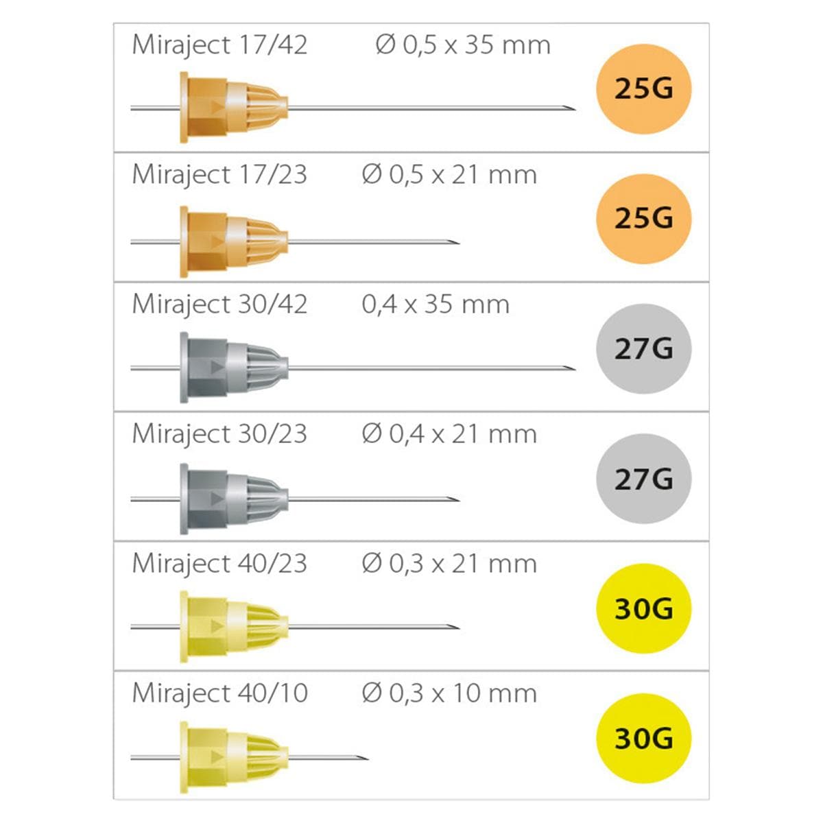 Miraject - Jaune - 27G long, 30 x 42 mm,  0,4 mm, 100 pcs