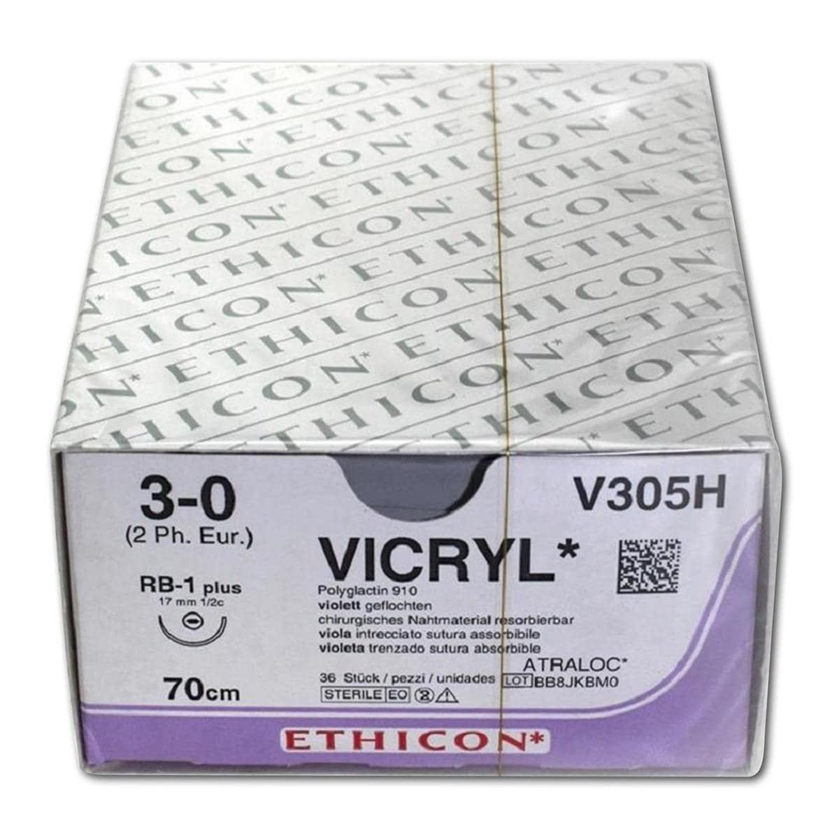 Vicryl Plus - Longueur 70cm, 36 pcs 3/0, aiguille RB-1 - VCP305H