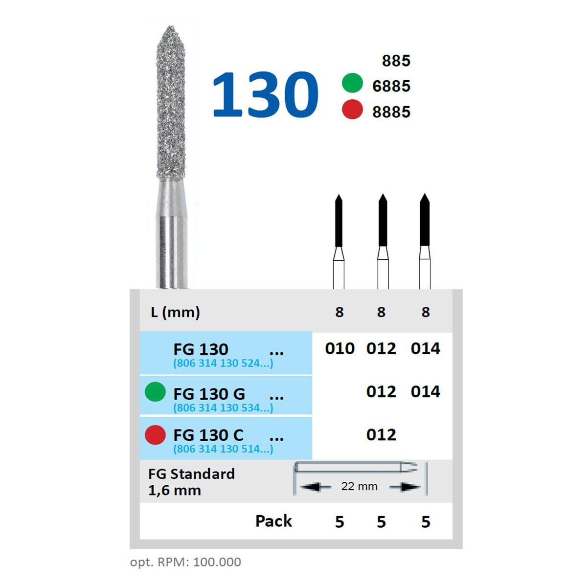 Diamantboren - FG - 130 - Medium, Kleurloos, ISO 010