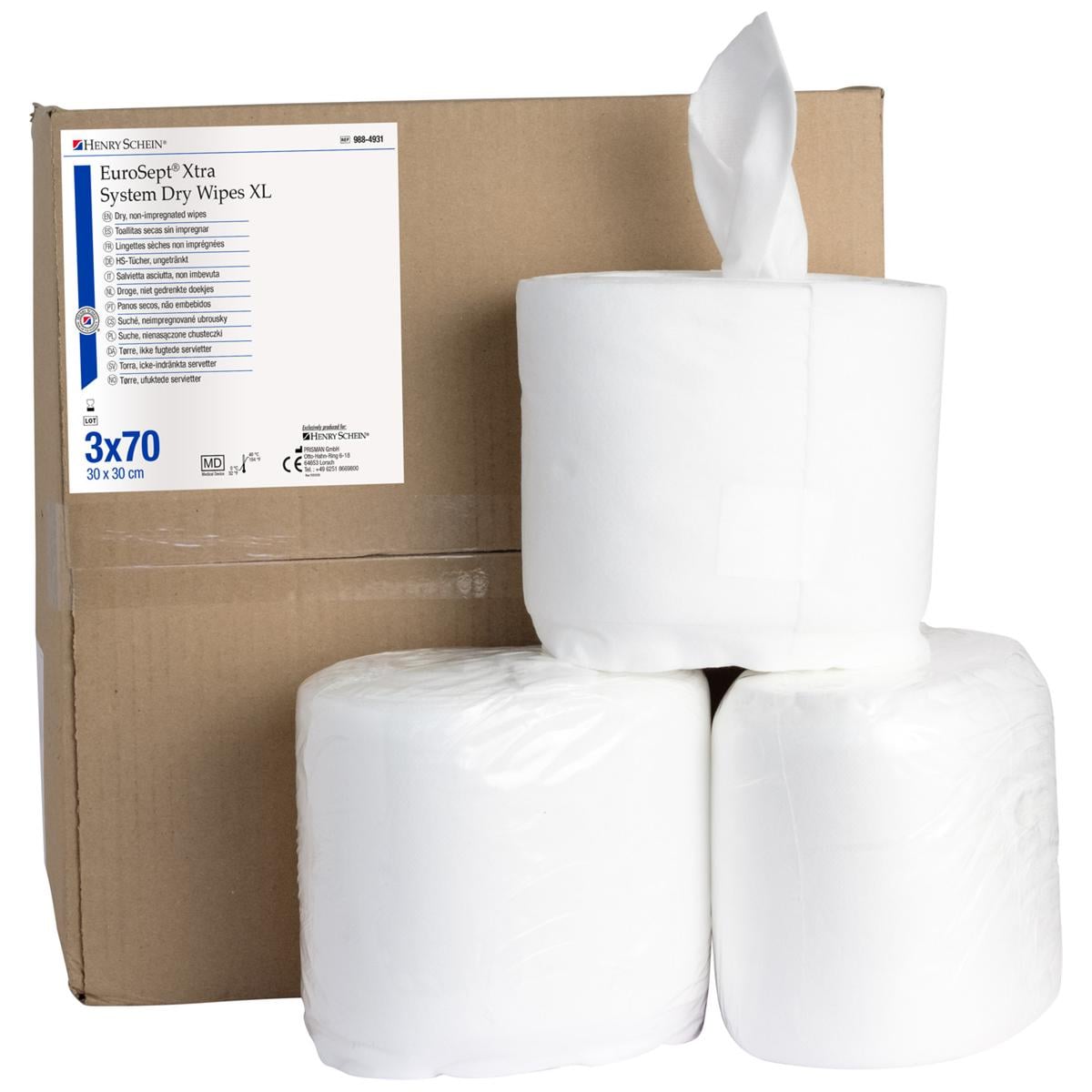 EuroSept Xtra System Dry Wipes XL - Afmeting 30 x 30 cm, 3 Rollen x 70 wipes